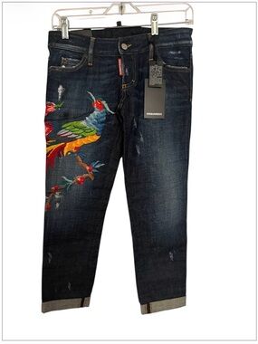 DSQUARED2 Women Dark Wash Slim Straight Jeans with Colorful Parrot Embroidery